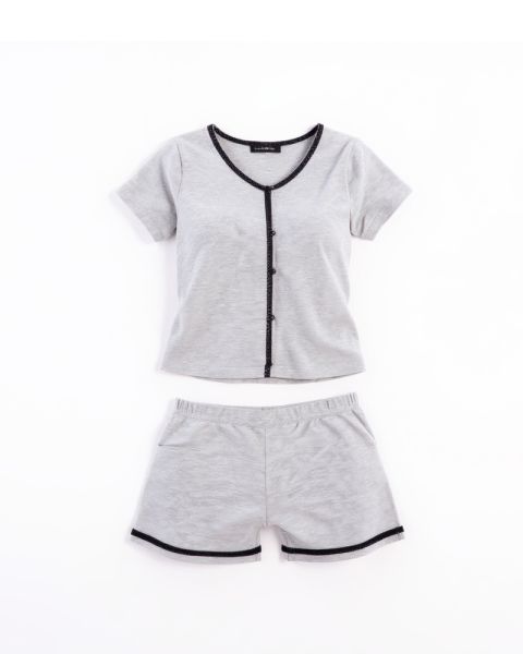 Soft Grey Cotton Buttoned Pajama Set – Short & Chic Comfort