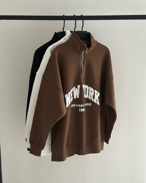 new york Quarter Zip Sweatshirt-Brown