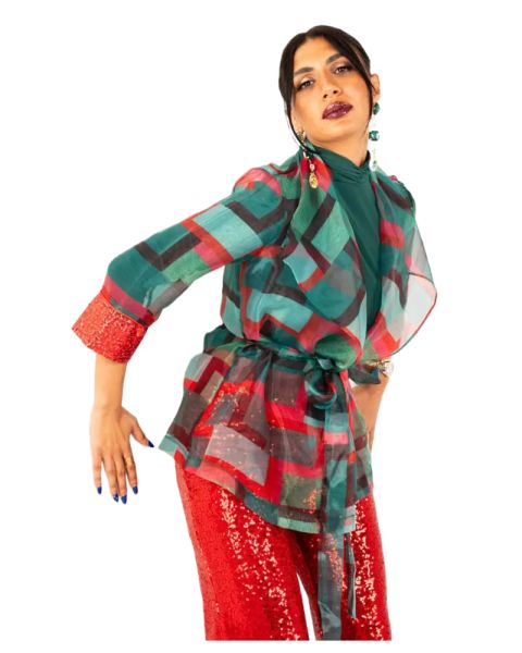 Green Organza Belted Jacket