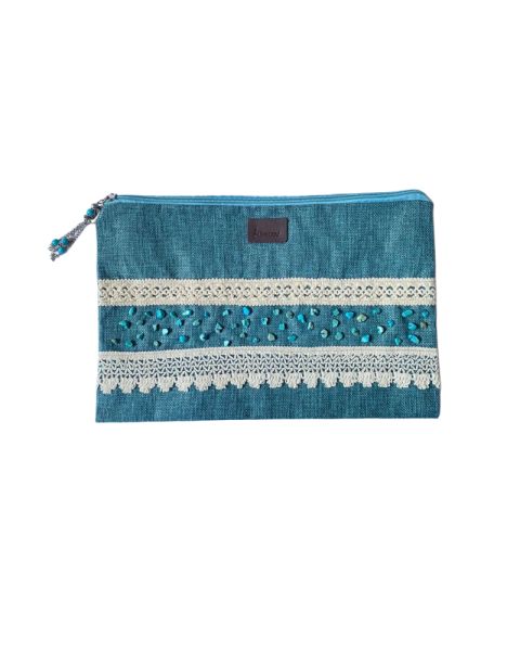 Decorative Clutch Bag, Teal Linen with Lace Trim and Turquoise Beads, Fringe Detail