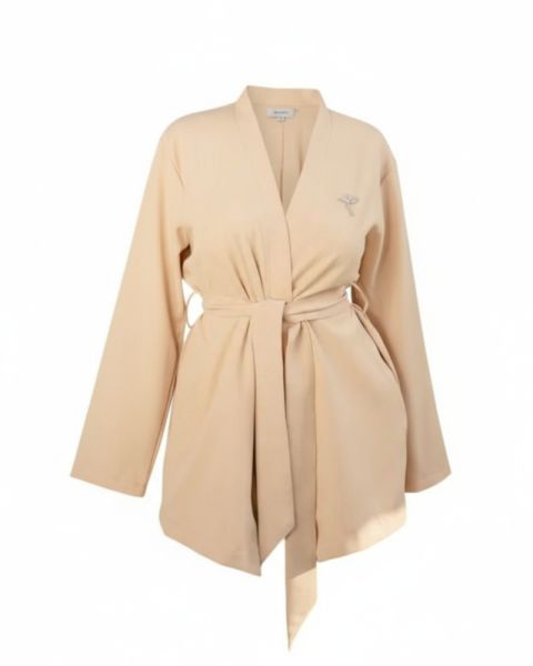 Beige Longline Belted Blazer