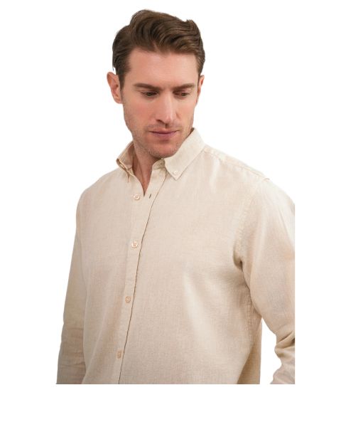 Plain Linen Shirt-Beige-M