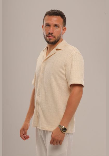  Linen Cuban Collar Shirt-Beige-L