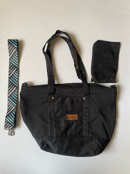 Decorative Tote Bag with Embroidered Boho Strap & Matching Pouch-Black