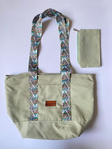 Decorative Tote Bag with Embroidered Boho Strap & Matching Pouch-Mint