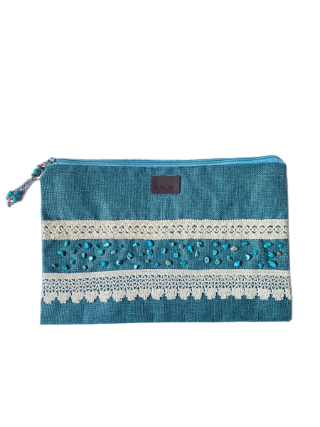 Decorative Clutch Bag with Lace Trim and Beads, Fringe Detail-Teal