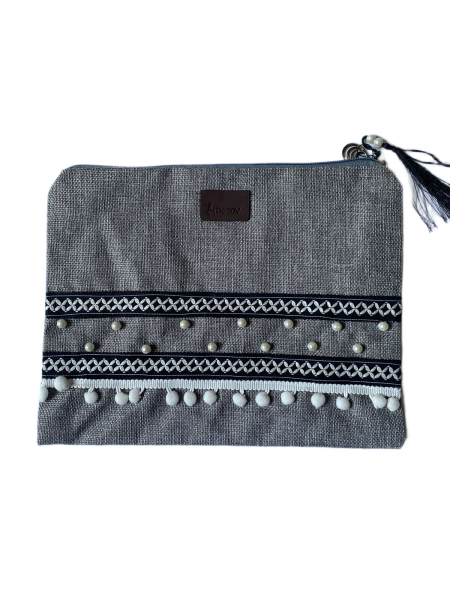 Decorative Clutch Bag with Lace Trim and Beads, Fringe Detail-Gray