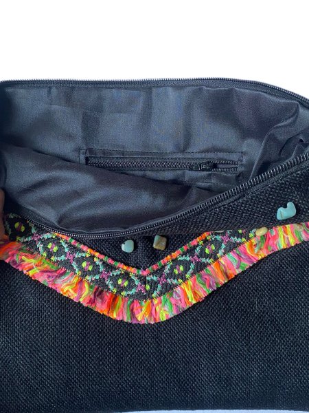 Decorative Clutch Bag with Lace Trim and Beads, Fringe Detail-Black