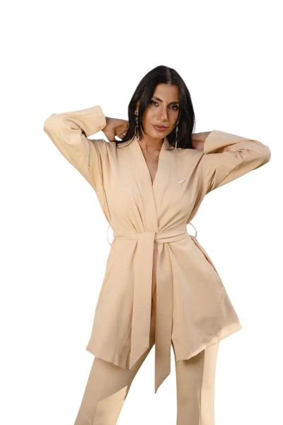Beige Longline Belted Blazer-Beige-S