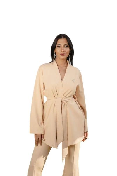 Beige Longline Belted Blazer-Beige-S