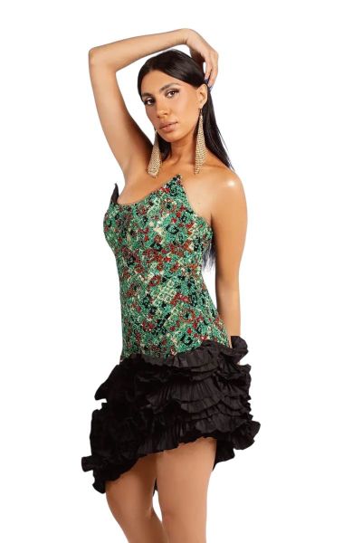 Green &Black Sequin Dress-Green-S