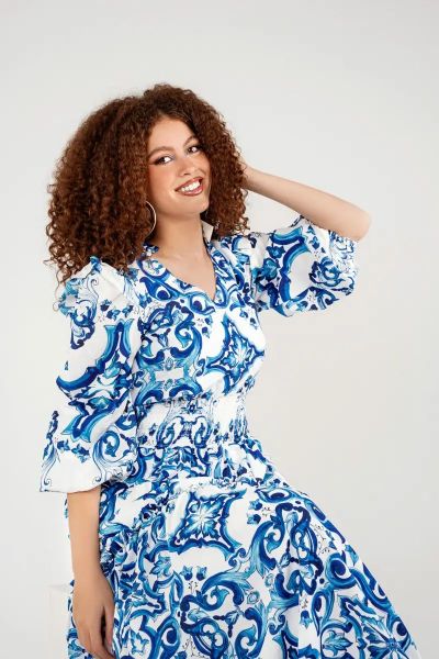 Blue Floral Dress-Blue-S