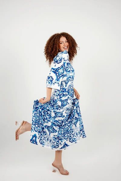 Blue Floral Dress-Blue-S