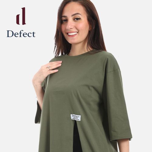 تيشرت حريمي اوفر اسيز كاجول بفتحه من الجنب من defect-Olive-M