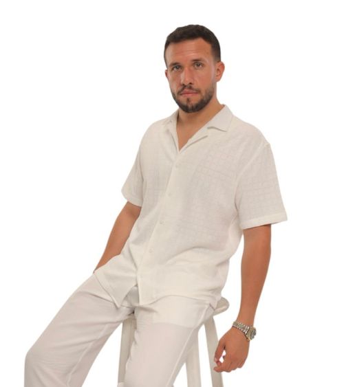  Linen Cuban Collar Shirt-White-L
