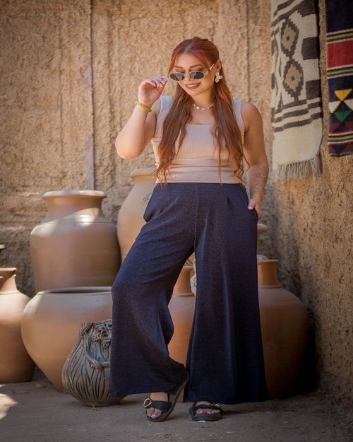 Wide-Leg Textured Pants-Navy-S