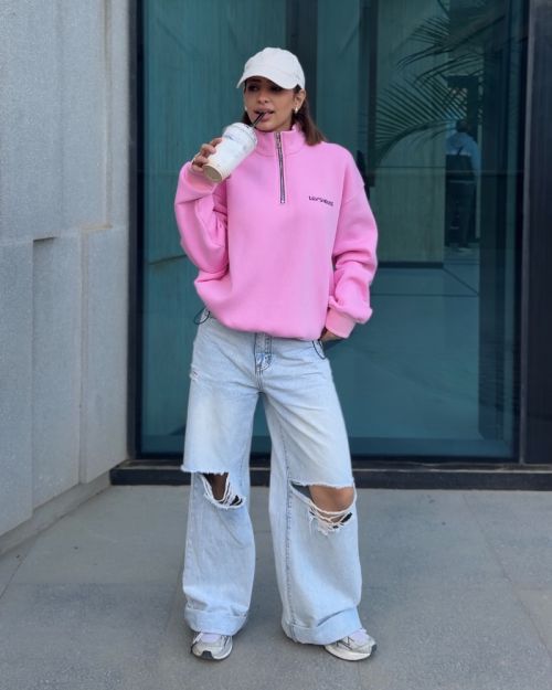 Oversized Pink Quarter-Zip Pullover Sweatshirt