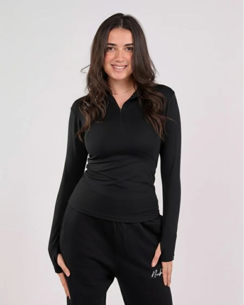 HIGH NECK ZIPPER LONG SLEEVE-Black-XS
