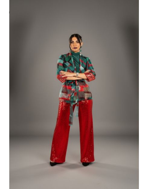 Green Organza Belted Jacket