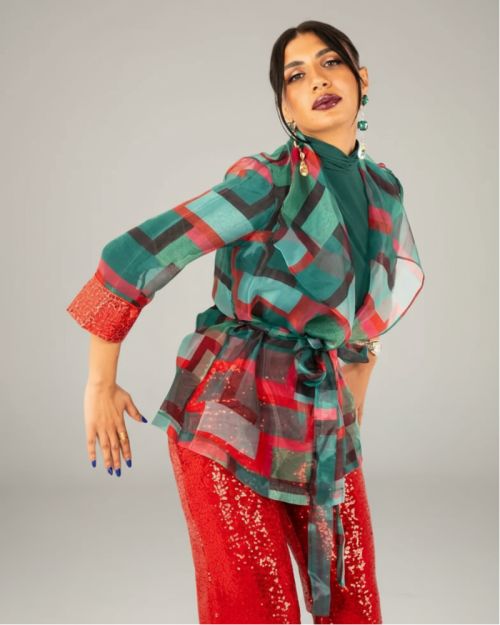 Green Organza Belted Jacket-Green-S