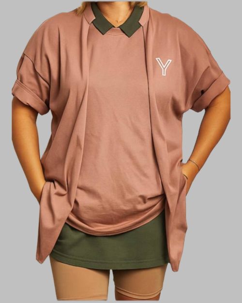 Women’s Oversized Graphic Tee with Front Y Logo-Brown-S/M
