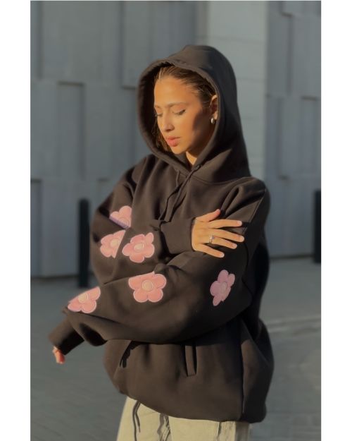 Oversized Black Hoodie with Pink Flower Patches