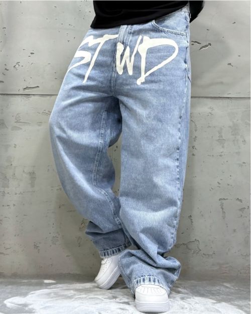 Statement Graphic Denim Pants-Light Blue-34