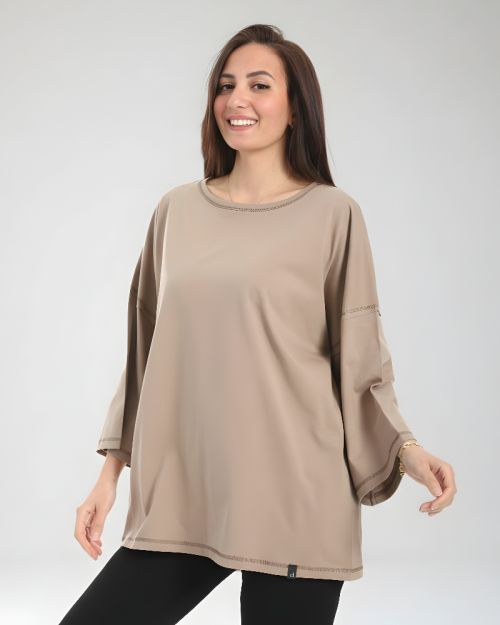 تيشرت اوفر سايز كاجول برقبه دائريه من Defect-Beige-M