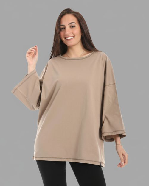 تيشرت اوفر سايز كاجول برقبه دائريه من Defect-Beige-M