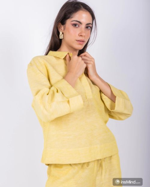 Yellow linen blouse with collar shirt