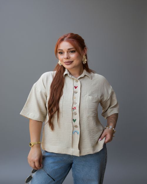 Embroidered Shirt-Beige-S