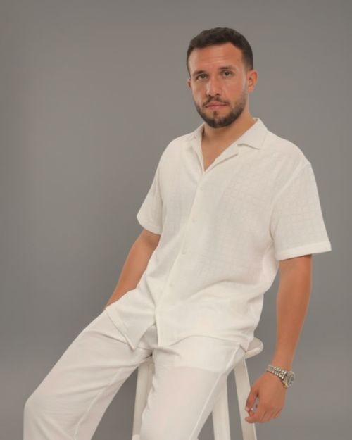  Linen Cuban Collar Shirt-White-L