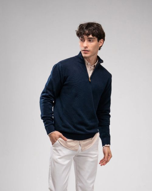 Pique Knit Quarter-Zip Sweater-M-Navy Blue