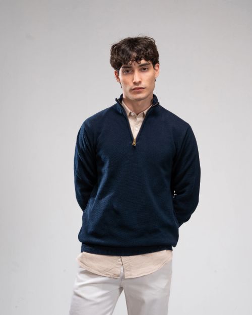 Pique Knit Quarter-Zip Sweater-M-Navy Blue