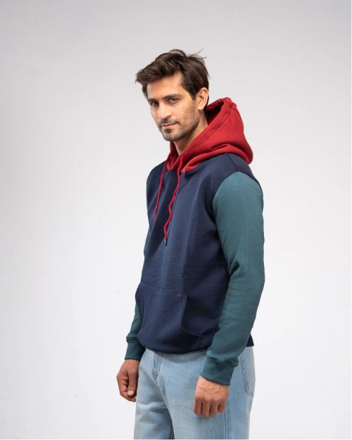 Tri-Tone Colorblock Hoodie- Navy Blue-M