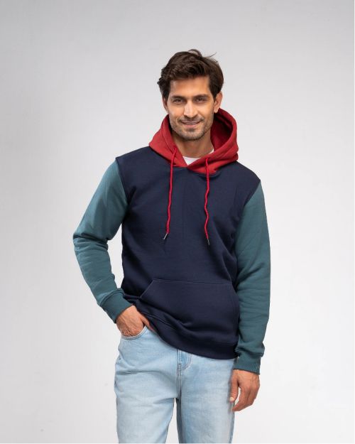 Tri-Tone Colorblock Hoodie- Navy Blue-M