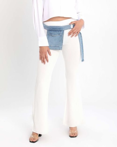 Women’s Flared External Pocket Pants with Denim Belt Detail