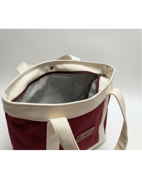 Canvas Tote Bag, Two-Tone Colored and Detachable Strap-Burgundy