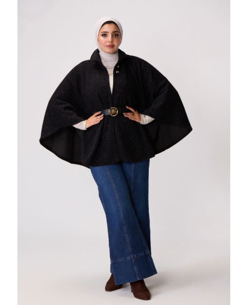 Teddy Fleece Knit Cape-Black