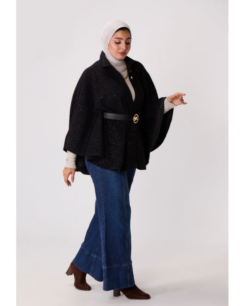 Teddy Fleece Knit Cape-Black