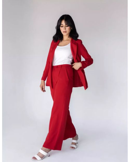 Coral Red Wide-Leg Straight Mid Pants