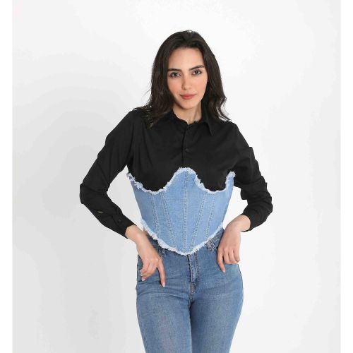 Women’s Corset Crush Shirt with Denim Bustier Detail-Black-S