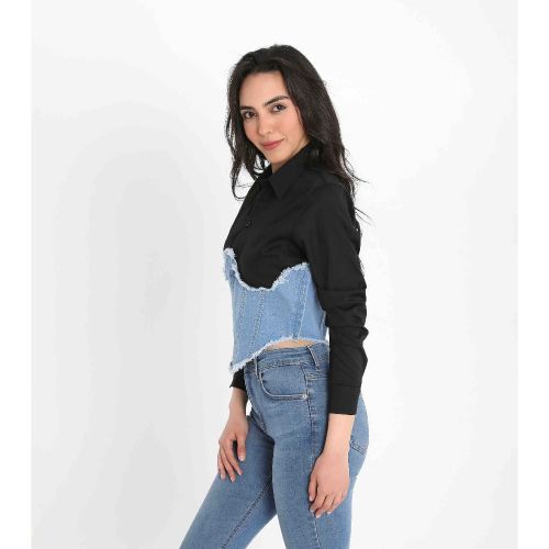 Women’s Corset Crush Shirt with Denim Bustier Detail-Black-S