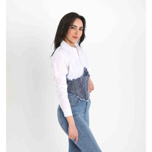Women’s Corset Crush Shirt with Denim Bustier Detail-White-S