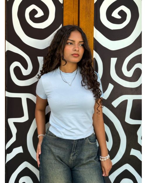 Fitted Crop Top with Short Sleeves-baby blue