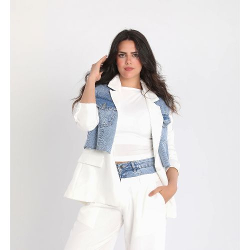 Women’s Denim Accented Blazer-White-S