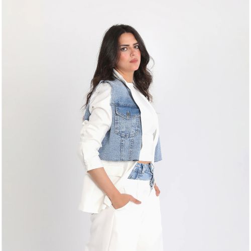 Women’s Denim Accented Blazer-White-S