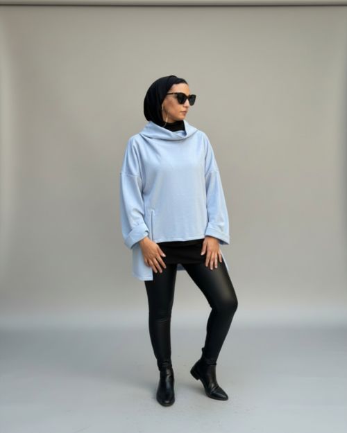 Drape Turtleneck Top-baby blue