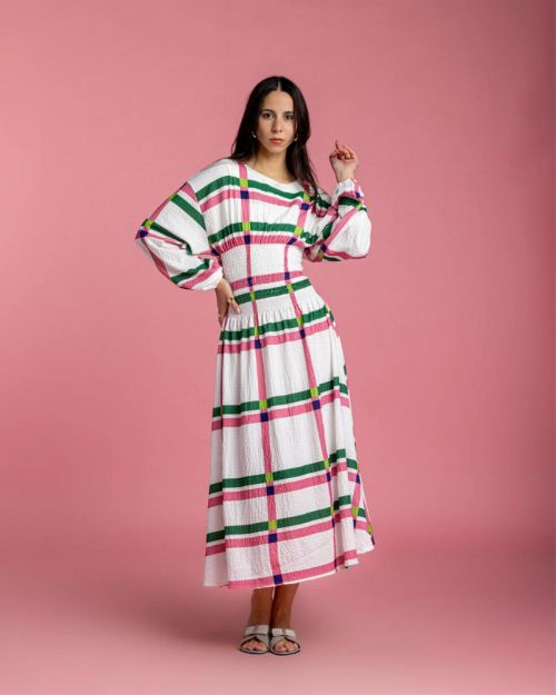 Rio Cinched Waist Dress - Pink & Green Checkers