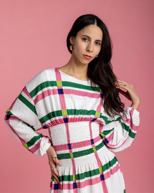 Rio Cinched Waist Dress - Pink & Green Checkers